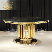 Table de luxe pour repas, mariage, miroir, verre, table ronde en acier inoxydable doré 6 places