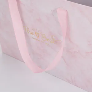 Wholesale Customized Size Marble Effect Pink Drawer Gift Box with Ribbon Handle