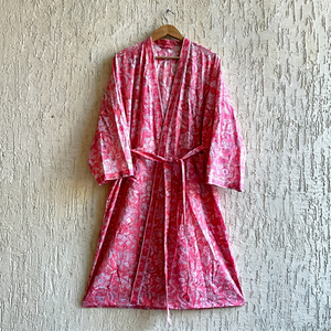 Vestido Kimono Informal de Algodón Hecho a Mano en India, Cuello en V, Manga Larga, Estampado Floral, para Vacaciones en la Playa, Verano, Otoño y Primavera - Product Image 1