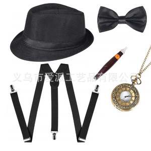 Ensemble de costume pour homme : chapeau, nœud papillon, bretelles, montre de poche et cigare – Cinq accessoires de fête - Product Image 1