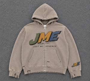 เสื้อฮู้ดซิปผู้ชาย JME ผ้าฝ้ายเฟรนช์เทอร์รี่ สไตล์โลโก้ด้านหน้าแบบดิสเทรส - Product Image 1