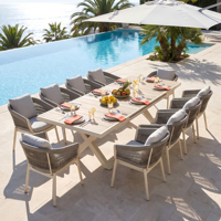 Ensemble de salle à manger d'extérieur pour 8 à 10 personnes, table de patio extensible en aluminium avec plateau en WPC et chaises en corde KD, imperméable, antirouille, certifié CE