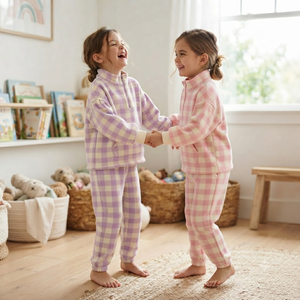Ensemble pull mi-zippé à carreaux et jogging pour enfants, survêtement doux à col montant pour filles, vêtements assortis pour jumelles, collection automne pour enfants - Product Image 1