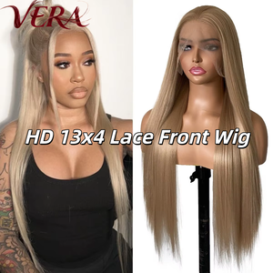 Wig sintetis Premium Futura Fibra Wholesale HD13*4 Lace Front Free Part 340g Linen <span class=keywords><strong>Gold</strong></span> Straight Matte tahan panas realistis - Product Image 1