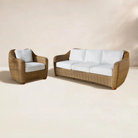 Ensemble de meubles en rotin Japandi Wabi Sabi, lit en bois massif, chaise de salle à manger, canapé d'intérieur/extérieur, miroir pour hôtel, complexe hôtelier, villa