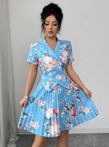 Ensemble blazer floral pour femmes, ensemble jupe mini plissée, ensemble jupe élégante vintage à imprimé rose, ensembles de jupe de soirée pour femmes, tenues 2 pièces pour femmes - Product Image 3