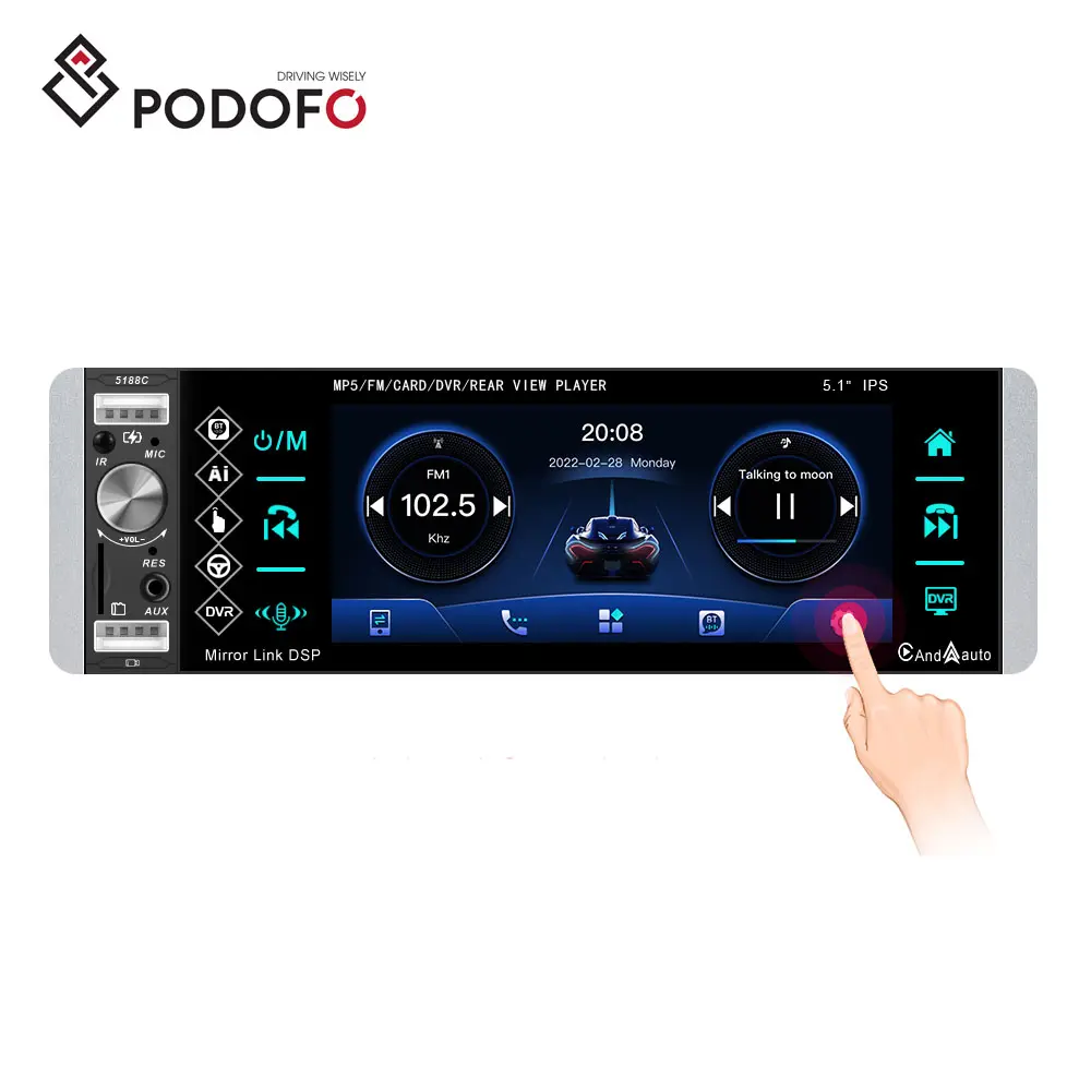 Podofo 1 Din Carplay Car Radio Autoradio 5.1" Touch Screen Car Stereo Android Auto USB AUX AI Voice with MIC + SWC
