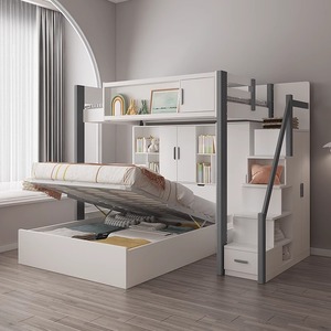 交错设计两层高低床带儿童衣柜实木母子节省空间放错箱 - Product Image 4