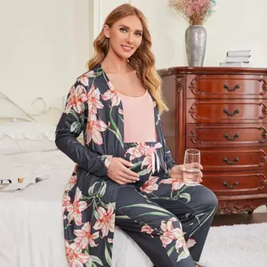 Moederschap Kleding Bloemenprint Robe En Verstelbare Elastische Taille Broek En Cami Top Pyjama Set