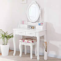 Table de toilette d'angle en bois blanc avec miroir et tabouret