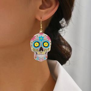 Giorno dei morti orecchini pendenti, fiori di zucchero teschio orecchini in acrilico con Glitter dorato per le donne orecchini di Halloween - Product Image 5