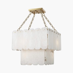 Luxury Brass Copper Alabaster Marble Pendant <b>Light</b> Two-Tier Rectangular Chandelier Dimmable LED <b>Dining</b> Room Hotel Lighting - Product Image 2