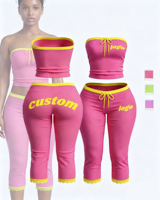 Conjuntos de Ropa de Verano de 2 Piezas para Mujer, Top Tubo sin Tirantes y Pantalones Capri Elásticos, Conjunto Casual Cómodo para Vacaciones en la Playa