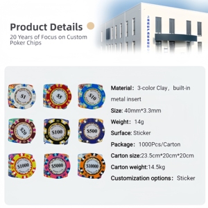 Jetons de poker en argile 14g 40mm avec logo personnalisé, vente en gros - Style Monte <span class=keywords><strong>Carlo</strong></span>, stock disponible, faible MOQ pour tournois de casino - Product Image 2