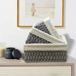 Boho Aufbewahrungskörbe für Badezimmer, Rattan-Geflecht, Polyester-Wäschekorb, Mais-Moses-Korb mit 3 Fächern und Deckel, Outdoor-Kunststoff - Product Image 2