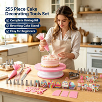 Kit de 225 pièces : Poches à douille réutilisables en plastique, douilles, plateau tournant pour gâteaux, poches à douille jetables et 3 outils de pâtisserie