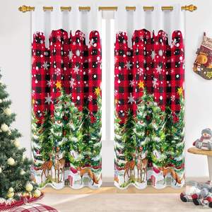 Rideaux de Noël à carreaux rouges et noirs, décorations de fenêtre avec sapin de Noël, cerf, <span class=keywords><strong>renard</strong></span>, flocon de neige, pour chambre à coucher, draperies d'hiver, 2 panneaux personnalisables - Product Image 1