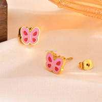 Anting-anting kancing kupu-kupu mahkota bunga enamel lucu berlapis emas 18K dari baja tahan karat, perhiasan pink custom untuk wanita, gadis, dan anak-anak