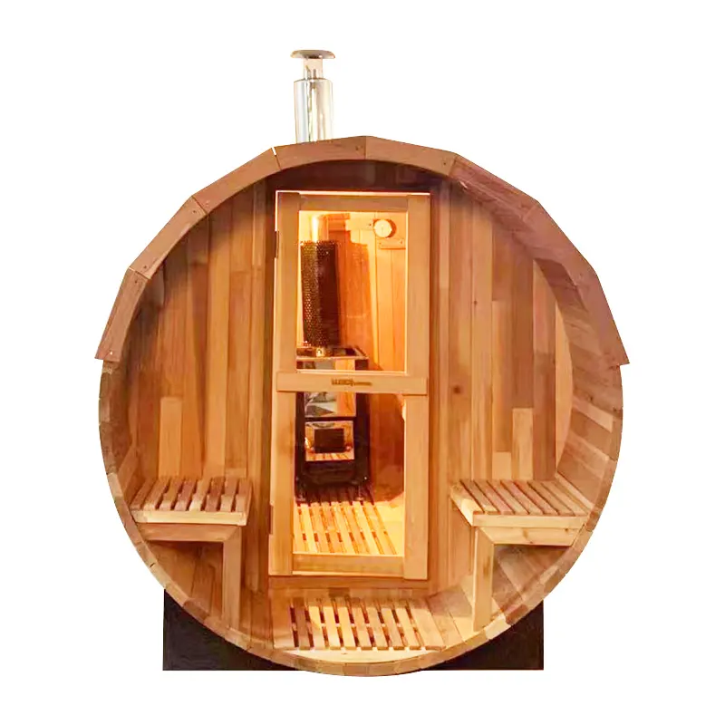 Sauna com fogão a lenha, sauna queima de madeira com barril de cândalo vermelho da finlândia ao ar livre