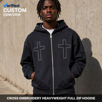 Sudadera con capucha gótica de estilo urbano para hombre, personalizada, negra, de 420GSM, con bordado de doble cadena cruzada, corte holgado, extragrande, de peso pesado y con cremallera completa.
