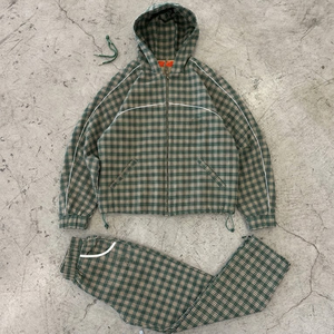 Ensemble survêtement <span class=keywords><strong>homme</strong></span> de haute qualité : veste coupe-vent à <span class=keywords><strong>capuche</strong></span> zippée à carreaux et pantalon de survêtement - Product Image 1