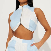 Robe en coton du fabricant OEM pour femmes, bloc de couleurs, fermeture éclair, haut court, short, vêtements de rue sexy, ensemble deux pièces, taille naturelle, diamant