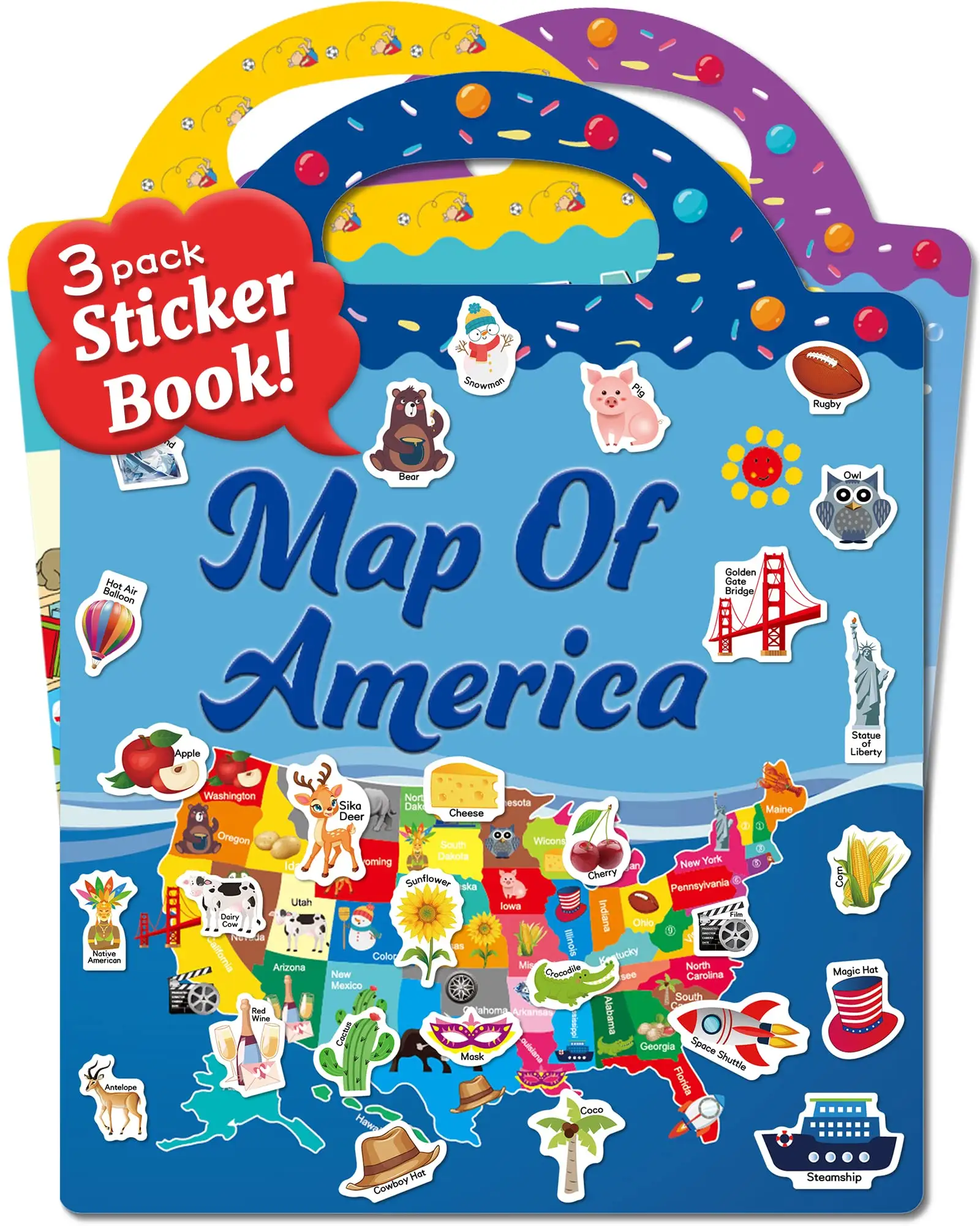 Reusable Sticker Books for Kid Cute Waterproof Stickers for Kids Toddler Stickers Early Childhood Stickers AmericaMap,Fairy,Home