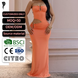 Robe longue bustier orange pour femme avec découpes, nouvelle collection 2026, détails métalliques, robe moulante de soirée, service OEM ODM personnalisé - Product Image 1