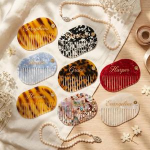 Personalized Vintage Bridal Hand <b>Mirror</b> Comb Set Custom Name Initial Acetate Frame Oval Durable Bridesmaid Gift Wedding Shower - Product Image 4