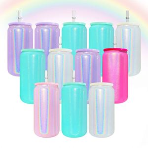 Vaso de Vidrio Brillante de 16 oz con Purpurina Arcoíris para Sublimación, con Tapa de PP y Pajitas para Refrescos, Cerveza, Café Helado - Product Image 2