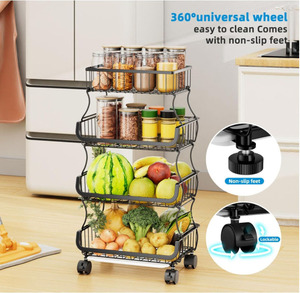 Cestino Impilabile per Frutta e Verdura con Ruote e Portabananane, <span class=keywords><strong>Carrello</strong></span> a 4 Ripiani per Organizzazione e Conservazione in Cucina - Product Image 3