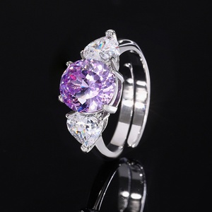 Fashion Jewelry Eco-friendly Copper Oval Cut 9*10mm Rose Red Cubic Zircon Geometric 3 Stone <b>Open</b> Adjustable <b>Rings</b> for Women - Product Image 4