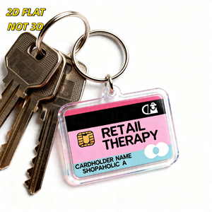 Porte-clés en acrylique style carte de crédit Retail Therapy, design rose et bleu avec puce, logo et texte 'Shopaholic', breloque transparente durable - Product Image 5