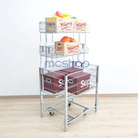Table promotionnelle portable à 3 niveaux, style moderne, avec mini-bacs de présentation en fil d'acier zingué et roulettes détachables