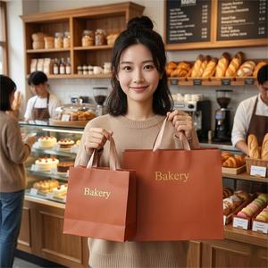 Customized Logo Recyclable Fast Food Bread Takeout <b>Paper</b> Bag Packaging Food Takeaway <b>Paper</b> Bags With Ribble Handle - Product Image 3