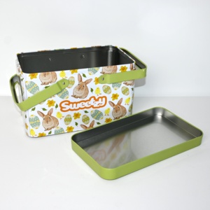 Rectangular Tin Box With Leather Handle Custom Printed Easter Metal Tin <b>Basket</b> <b>for</b> Candy Cookie Chocolate Gift <b>Storage</b> - Product Image 5