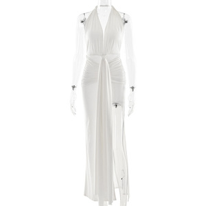 Vestido de noche largo con cuello halter, plisado, con lazo en la cintura, sin espalda y con abertura alta para mujer - Product Image 5