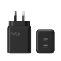 Chargeur rapide GaN PD double USB-C 45W avec prise AU, adaptateur secteur mural 2 ports pour ordinateur portable, iPhone 18 17, iPad Pro, tablette