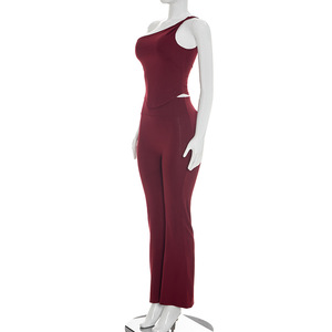 Viviblook Y26ST101 Women Summer Set Slash Collar Off Shoulder Top <b>Elastic</b> Waist High Waist Flared Pants Two Piece Set - Product Image 5