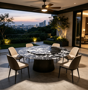 โต๊ะอาหารหินธรรมชาติสีดำขาวทรงกลม พร้อมถาดหมุนแบบ Lazy Susan โต๊ะอาหารวิลล่าหรูหราทันสมัย 8 ที่นั่ง เฟอร์นิเจอร์บ้าน - Product Image 6