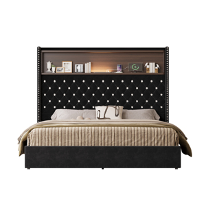 Modern <b>Queen</b> <b>Size</b> Adjustable Velvet Tufted Storage <b>Bed</b> Frame with USB Port and Night Light 52'' High Headboard Rivet Decoration - Product Image 6