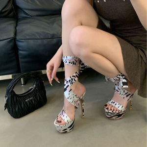 Nouvelles sandales à talons imprimé léopard 2025, à lacets colorés, bout ouvert, talon ultra-haut de 16 cm, sexy, élégantes, à talon aiguille, chaussures de mode pour femmes - Product Image 4