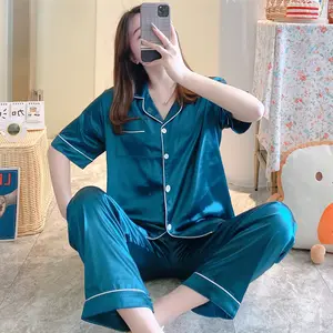 Summer short sleeve pajamas women's silk Ice Silk Cute Korean styleinsWind solid color Victoria's density new homewear suit