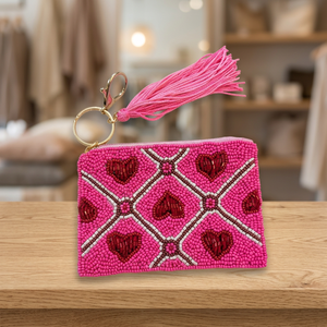 Jaunty <b>Pink</b> Canvas Beaded Coin Pouch Heart Pattern Tassel Zipper Bag Customized Shape Travel Fashion Embroidery Design Uttar - Product Image 3
