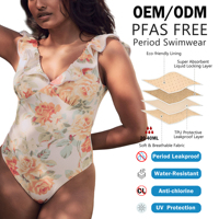 Maillot de bain menstruel une pièce Shanhao OEM sans PFAS pour femme, grande taille, motif floral vintage, bretelles à volants, dentelle, anti-fuite et absorbant