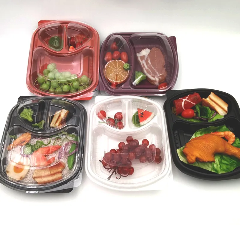 Personalizado 2 3 compartimiento negro Bento contenedores de alimentos biodegradables desechables de plástico caja de almuerzo
