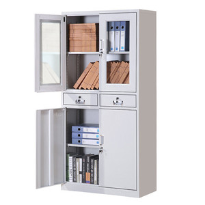 Modern white metal cupboard 2 swing glass door/2 drawer file filing storage cabinet with black plastic handle