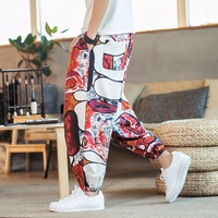 Pantalon Harem Plissé Taille Basse Léger et Tendance avec Broderie Florale et Revers pour Homme, Idéal pour la Danse Hip-Hop, 100% Coton
