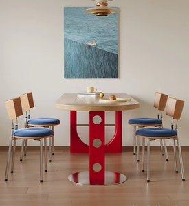 Tavolo da Pranzo con Piano in Legno Massello Stile Memphis, Tavolo Ovale con Base in Metallo Colorato Creativo, Arredamento Moderno per Sala da Pranzo - Product Image 3