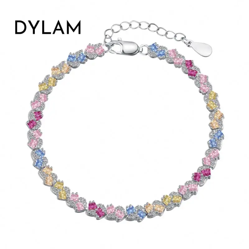 Catena cubana personalizzata all'ingrosso Dylam 925 argento uomini donne braccialetto gioielli ghiacciati completamente arcobaleno Cz diamanti bracciali Tennis